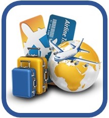 Illustration showing a globe, plane, luggage, and passports