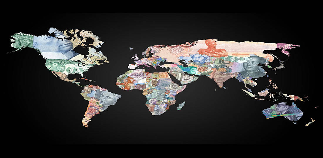 World map showing paper money in various currencies