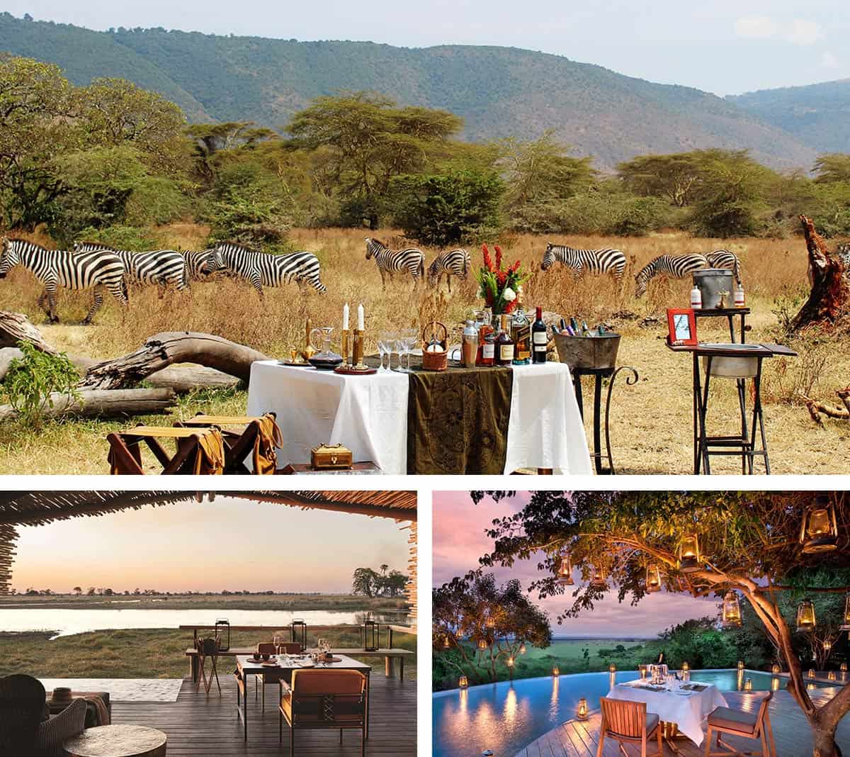 Collage showing photos of 3 different safari retreats