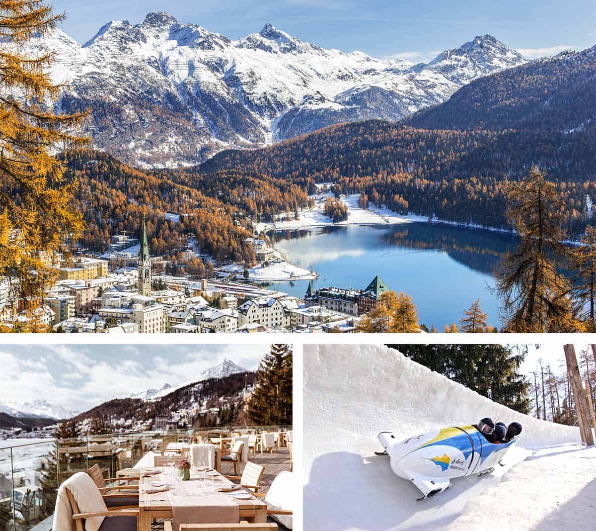 Top: St. Moritz | Left: Carlton Hotel St. Moritz | Right: St. Moritz-Celerina Olympic Bobrun