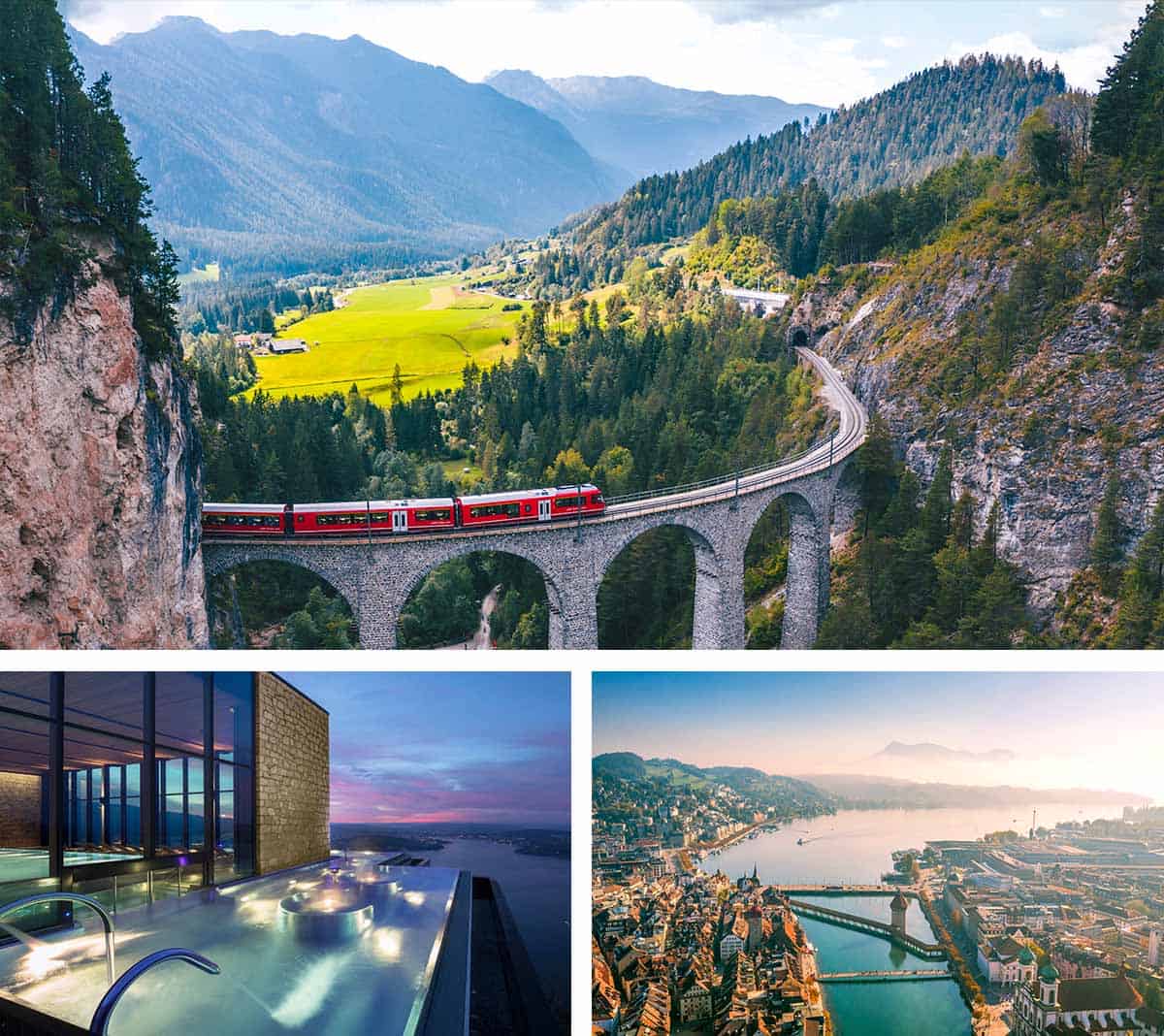 Top: Rhaetian Railway | Left: Bürgenstock Resort | Right: Lucerne