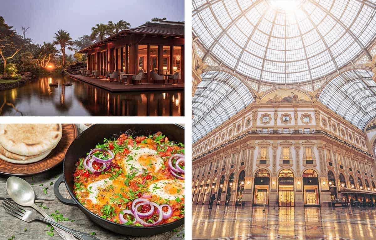 Top: Sensei Lanai, A Four Seasons Resort | Bottom: Shakshuka | Right: Galleria Vittorio Emanuele II, Milan