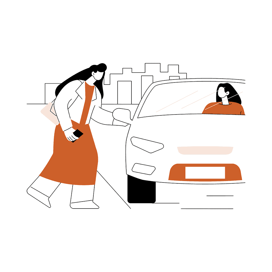 A line art illustration depicts a woman opening the passenger door of a car with a driver.