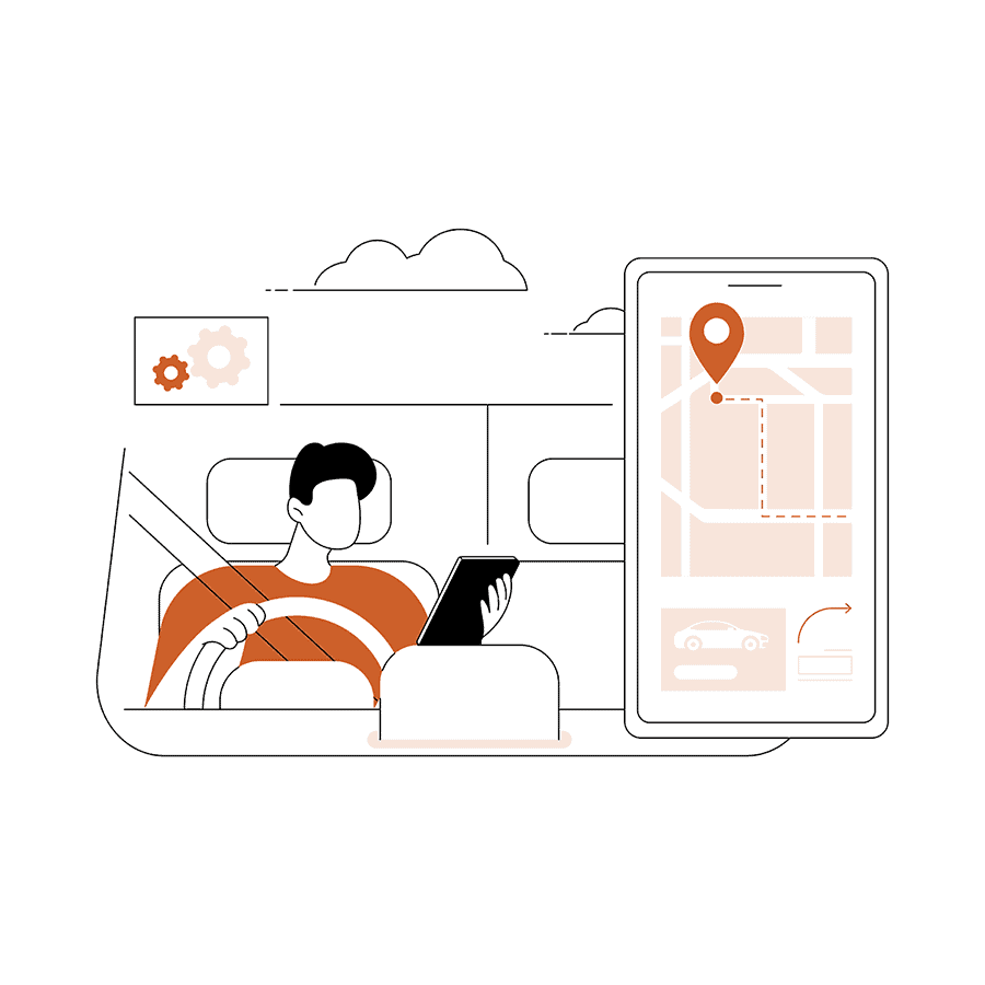 A line art illustration depicts a man driving a car using a GPS navigation system.