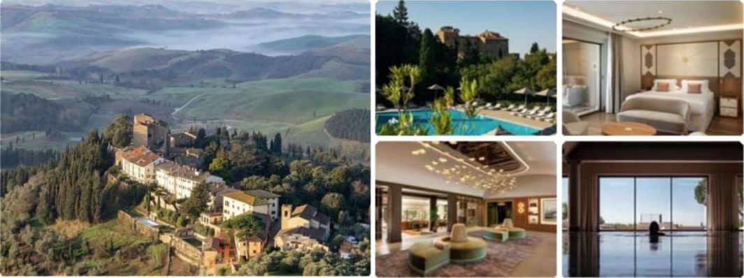 An aerial view of a picturesque villa surrounded by lush green hills, featuring a serene landscape. Accompanying images show a luxurious pool area, elegant hotel interiors with modern design, and a tranquil room setting with scenic views.