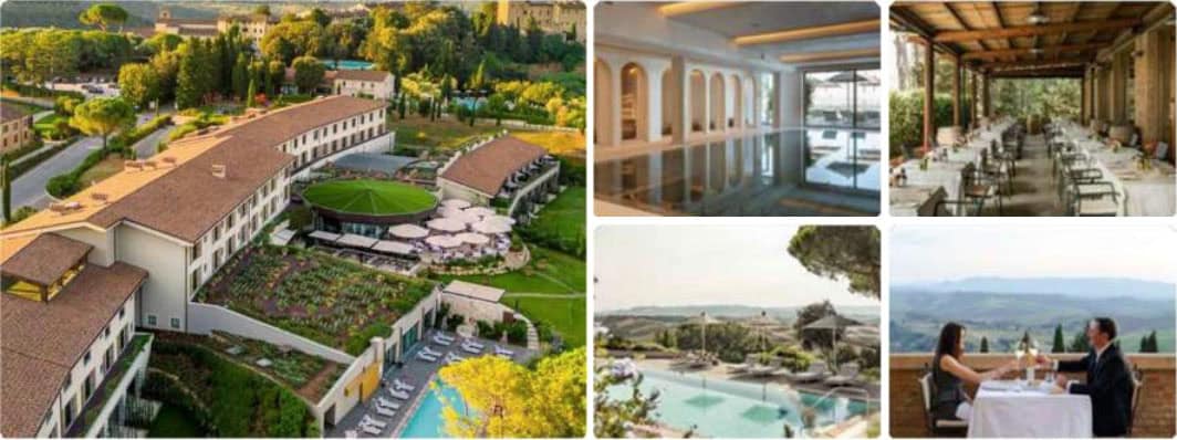 Aerial view of a luxurious hotel featuring elegant architecture, landscaped gardens, and a pool area. Surrounding images show an indoor swimming pool, a dining area with a scenic view, and a couple enjoying a meal at an outdoor table with a panoramic landscape in the background.