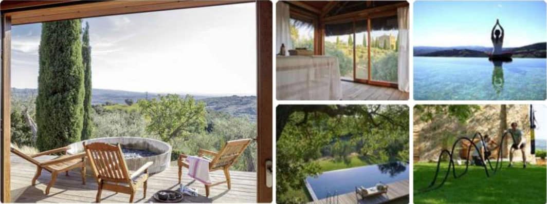 A serene wellness retreat featuring a wooden deck with lounge chairs overlooking a green landscape, a hot tub, and a tranquil pool. Images include a person practicing yoga on a calm waterscape, vibrant greenery, and outdoor fitness equipment.