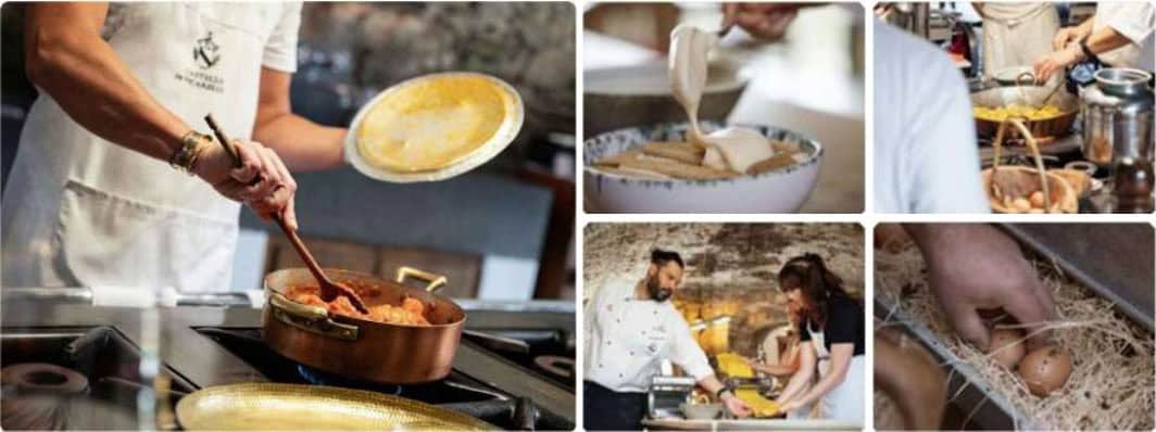 A collage of culinary scenes: a person stirring sauce in a copper pot, someone pouring a creamy substance into a bowl, two chefs collaborating in a kitchen, and a hand reaching for eggs in straw.