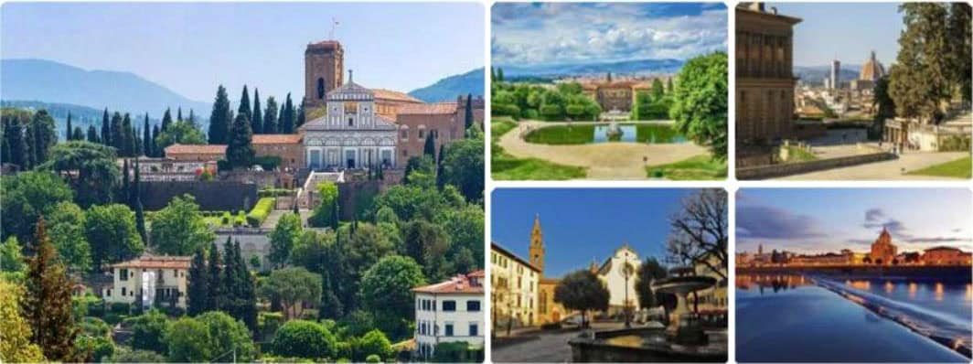 A picturesque collage of scenic landscapes, featuring a prominent villa surrounded by lush greenery, historical architecture, tranquil gardens, and vibrant cityscapes, highlighted by mountains and the sky in the background.