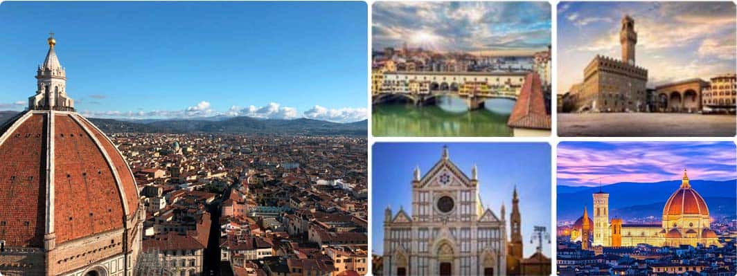 A panoramic view of Florence, Italy, featuring the domed roof of the Florence Cathedral in the foreground, with various historic landmarks such as the Ponte Vecchio, Palazzo Vecchio, and Santa Croce showcased in smaller images around it, all under a clear blue sky.