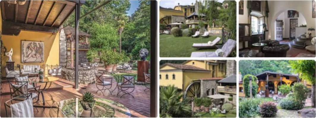 A serene outdoor seating area featuring wrought iron chairs and a glass table, surrounded by lush greenery and stone sculptures. Several images showcase a spacious garden with lounge chairs, a charming villa with a water mill, and an elegantly decorated indoor space with antique furnishings and natural light.