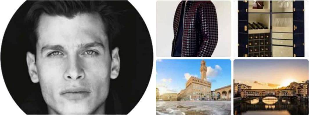 A close-up black and white portrait of a man with a serious expression is positioned in a circular frame, surrounded by images of a patterned jacket, a wine cabinet, a historic building in Florence, and the sunset over the Ponte Vecchio in Florence.