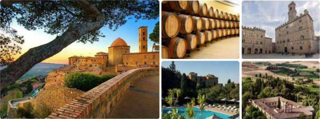 A scenic view of a historic village with stone buildings and a sunset backdrop, alongside images of wine barrels, a medieval-style building, a pool area surrounded by greenery, and a landscape of rolling hills and vineyards.