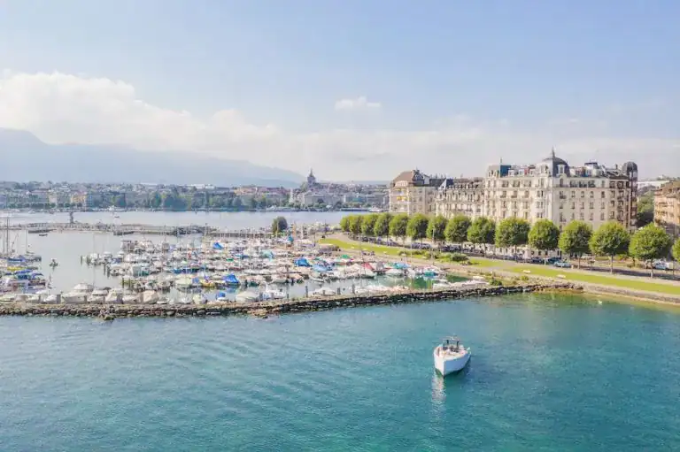Aerial view of a marina with numerous boats docked, surrounded by green trees and a waterfront park, against a backdrop of city buildings and distant mountains under a clear blue sky.