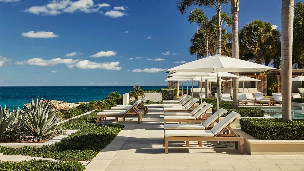 A picturesque outdoor lounge area by the ocean featuring rows of wooden sun loungers with white cushions, shaded by large umbrellas, surrounded by lush greenery and palm trees. The clear blue sky and ocean create a tranquil backdrop.